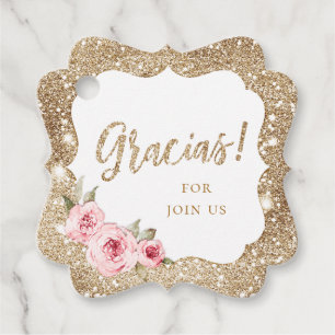 Sparkle gold glitter and pink floral gracias favour tags