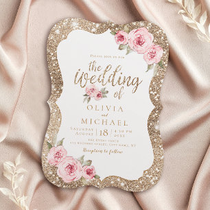 Sparkle gold glitter and pink floral wedding invitation