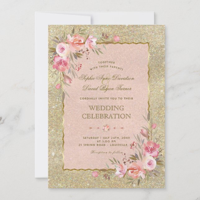 Sparkle Gold Glitter Blush Flowers Wedding Invitation (Front)