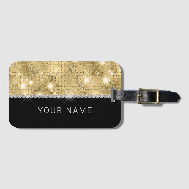 Sparkle Gold Glitter Custom Name Luggage Tag (Front Horizontal)