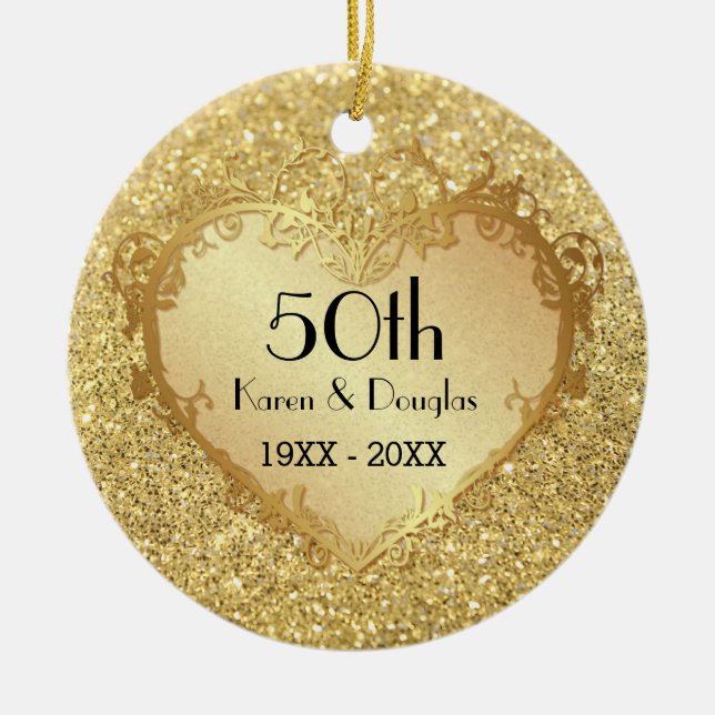 Sparkle Gold Heart 50th Wedding Anniversary Ceramic Ornament (Front)
