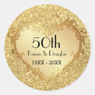 Sparkle Gold Heart 50th Wedding Anniversary Classic Round Sticker