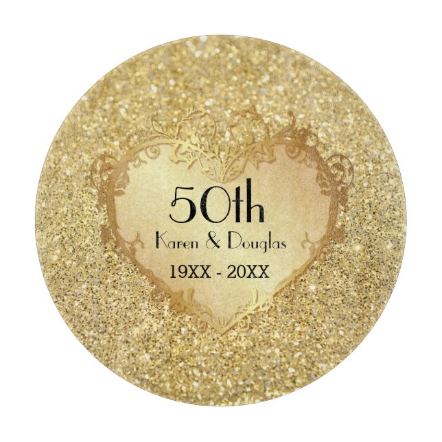 Sparkle Gold Heart 50th Wedding Anniversary Cutting Board (Front)
