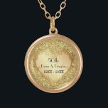 Sparkle Gold Heart 50th Wedding Anniversary Gold Plated Necklace<br><div class="desc">Beautiful ornate gold heart design over sparkling golden glitter print background on this romantic anniversary keepsake necklace celebrating their milestone fiftieth Wedding Anniversary. Text is ready for you to customize with their names and dates.</div>