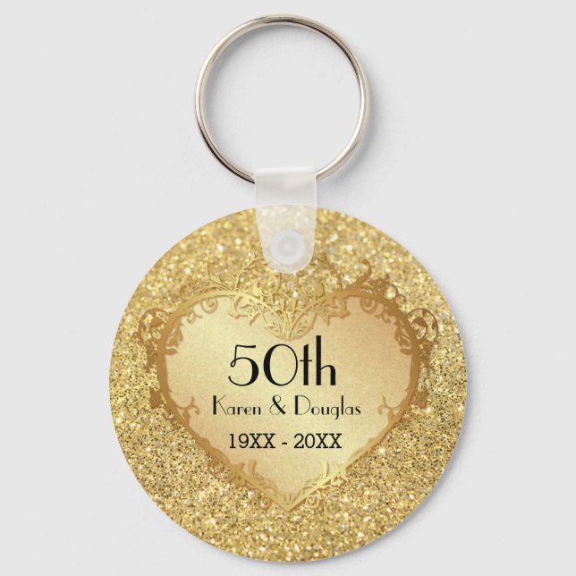 Sparkle Gold Heart 50th Wedding Anniversary Keychain (Front)