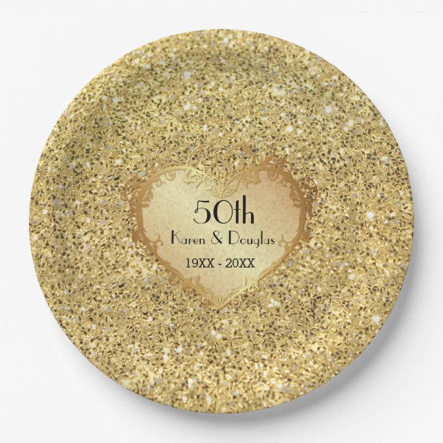 Sparkle Gold Heart 50th Wedding Anniversary Paper Plate (Front)