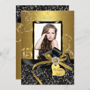 Sparkle Gold Lace & Bow Photo Quinceanera Invitation