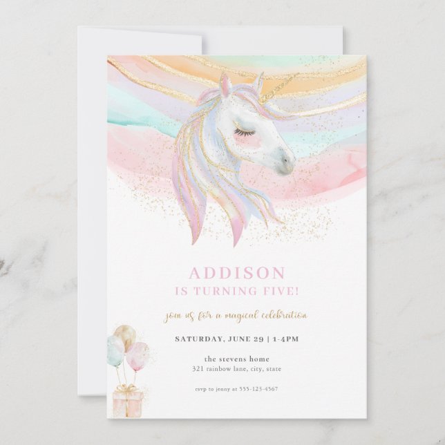 Sparkle Gold & Pastel Unicorn Invitation Anniversa (Devant)