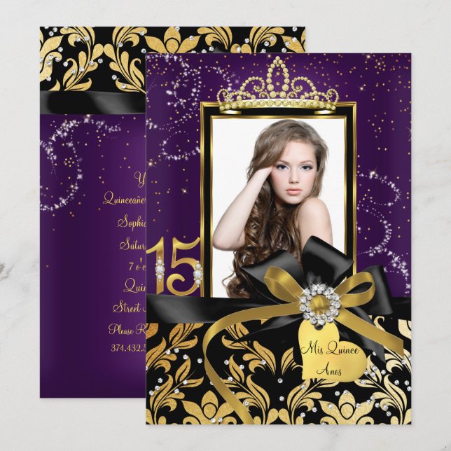 Sparkle Gold Purple Damask & Bow Photo Quinceanera Invitation (Front/Back)