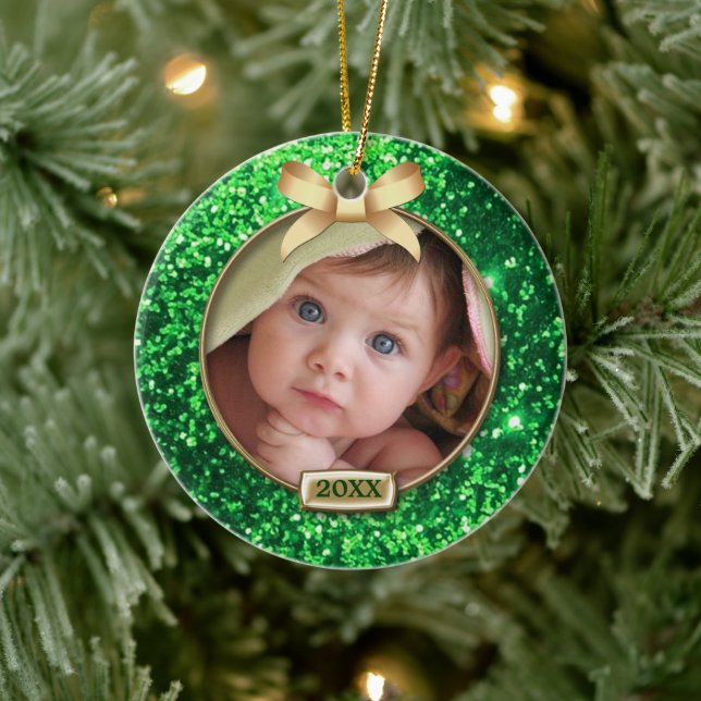 Sparkle Green/Gold Bow Photo Ceramic Ornament (Tree)