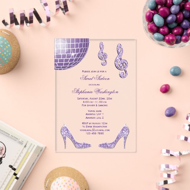 Sparkle Heels and Purple Disco Ball Sweet 16 Acrylic Invitations (Insitu (Celebration))