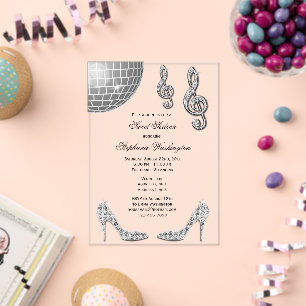 Sparkle Heels and Silver Disco Ball Sweet 16 Acrylic Invitations