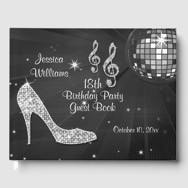 Sparkle Heels Black Disco Ball Birthday Guest Book (Front)