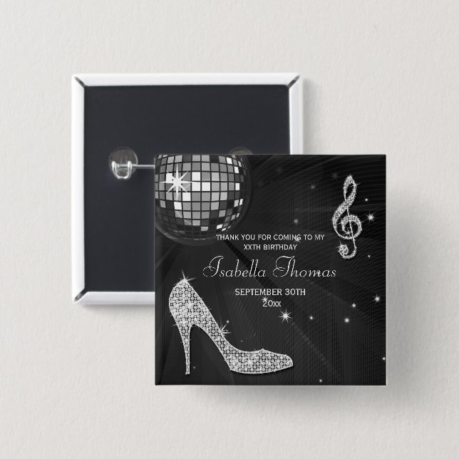 Sparkle Heels Black Disco Ball Birthday Thank You 2 Inch Square Button (Front & Back)