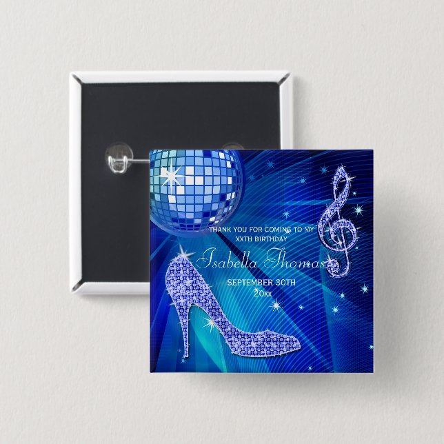 Sparkle Heels Blue Disco Ball Birthday Thank You 2 Inch Square Button (Front & Back)