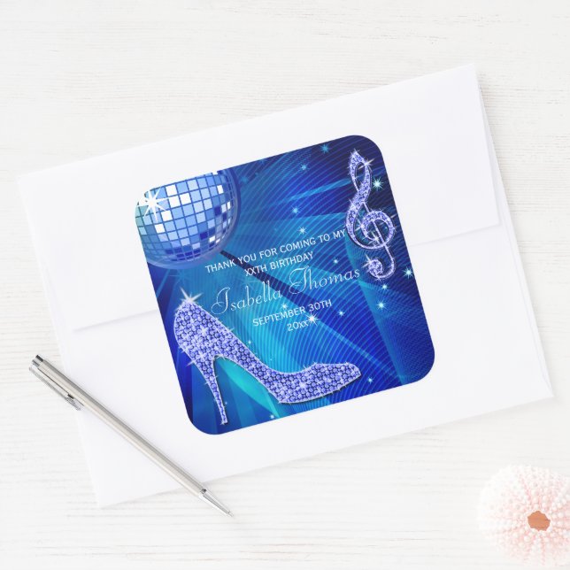 Sparkle Heels Blue Disco Ball Birthday Thank You Square Sticker (Envelope)