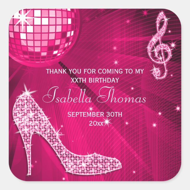 Sparkle Heels Pink Disco Ball Birthday Thank You Square Sticker (Front)