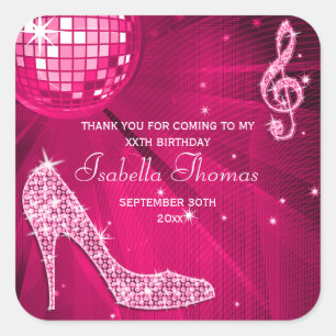 Sparkle Heels Pink Disco Ball Birthday Thank You Square Sticker