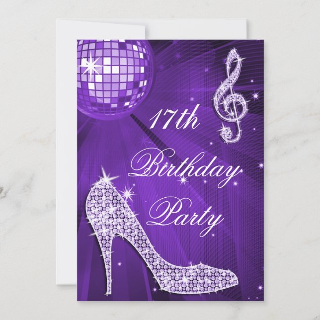 Sparkle Heels Purple Disco Ball 17th Birthday Invitation (Front)