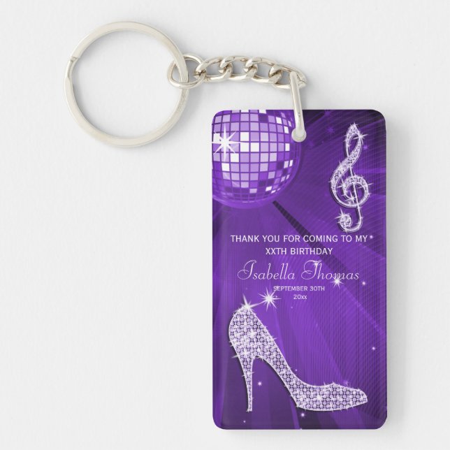 Sparkle Heels Purple Disco Ball Birthday Thank You Keychain (Front)