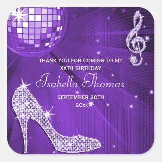 Sparkle Heels Purple Disco Ball Birthday Thank You Square Sticker
