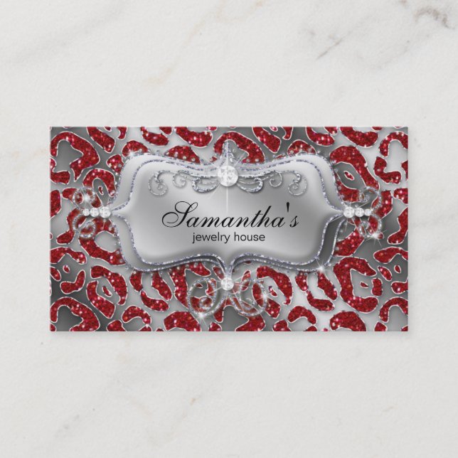Sparkle Jewellery Business Card Zebra Red Silver (Front)