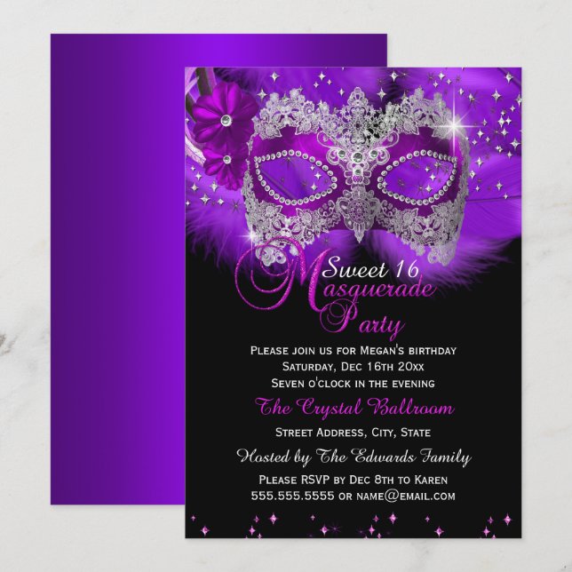 Sparkle Lace Mask Purple Masquerade Sweet 16 Invitation (Front/Back)