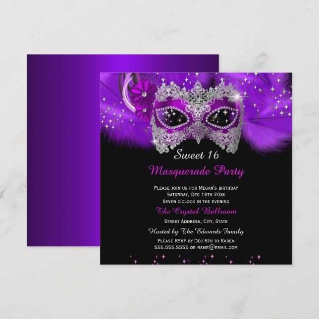 Sparkle Lace Mask Purple Masquerade Sweet 16 Invitation (Front/Back)