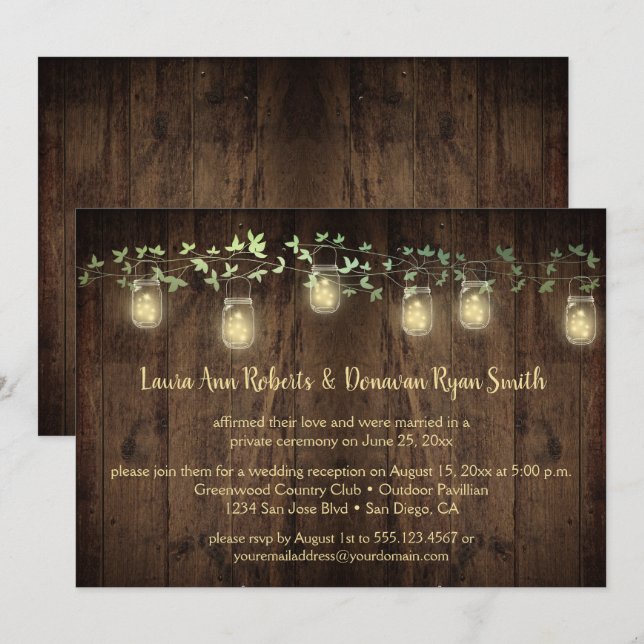 Sparkle Lights Mason Jar Ivy Reception Only Invitation (Front/Back)