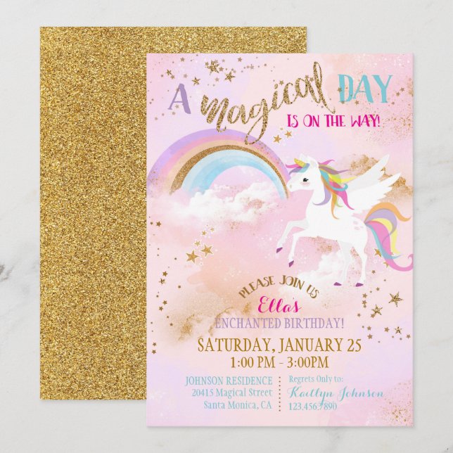 Sparkle Magical Unicorn Pegasus Birthday Invitation (Front/Back)