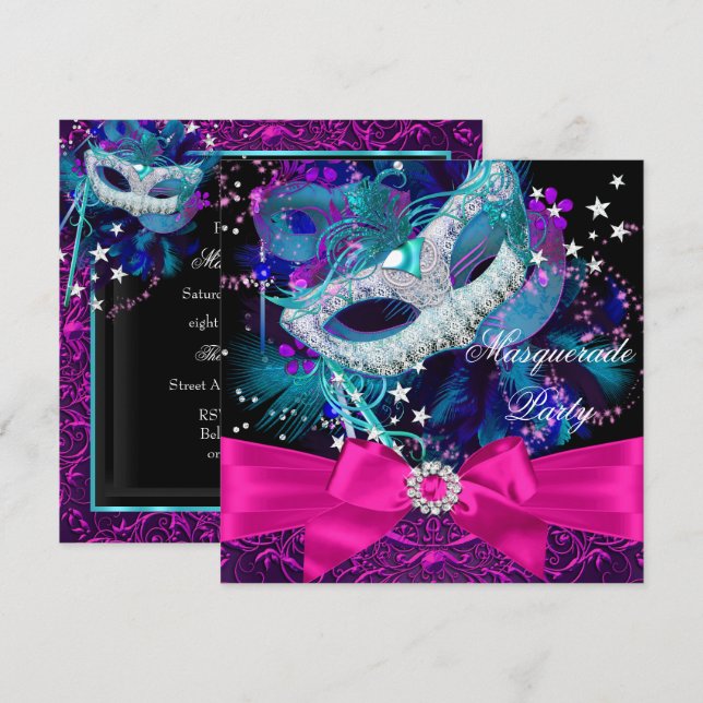 Sparkle Mask & Bow Masquerade Party Invitation (Front/Back)