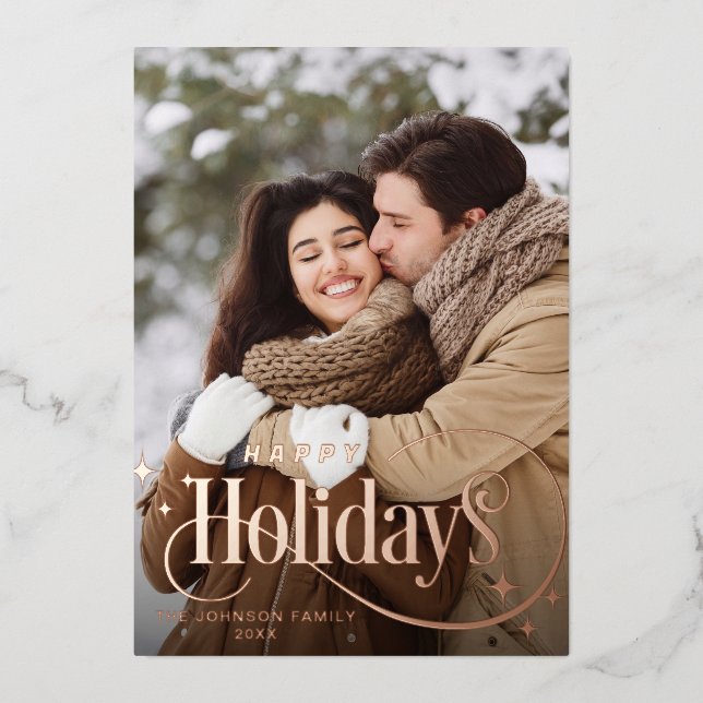 Sparkle Merry Christmas 2 PHOTO Greeting Rose Gold Foil Holiday Card (Front)