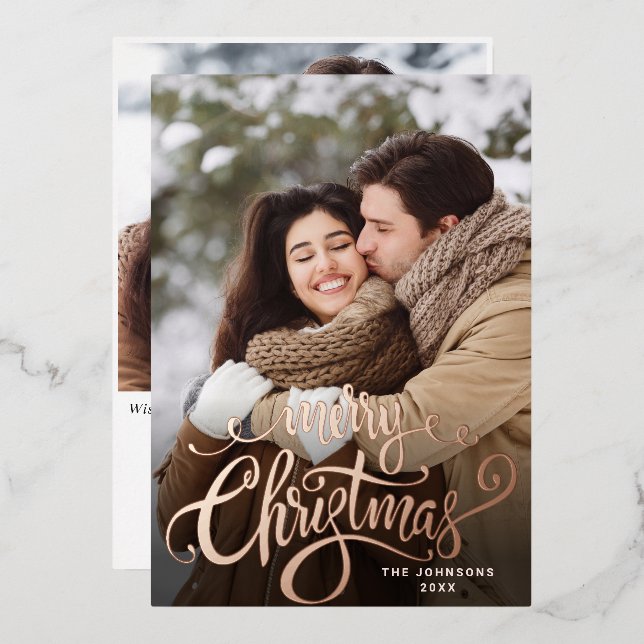 Sparkle Merry Christmas 2 PHOTO Greeting Rose Gold Foil Holiday Card (Front/Back)