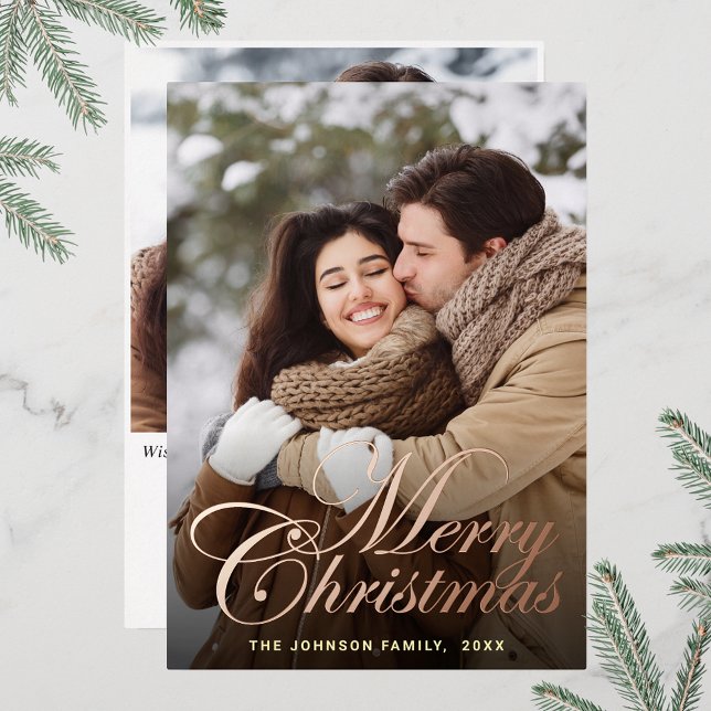 Sparkle Merry Christmas 2 PHOTO Greeting Rose Gold Foil Holiday Card (Customizable Christmas holiday greeting photo card with real foil print.)