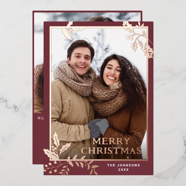 Sparkle Merry Christmas 2 PHOTO Greeting Rose Gold Foil Holiday Card (Front/Back)