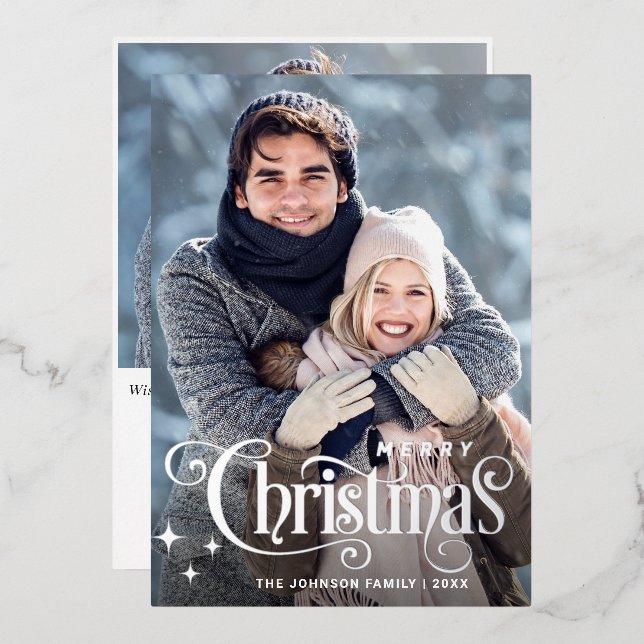 Sparkle Merry Christmas 2 PHOTO Greeting Silver Foil Holiday Card (Front/Back)