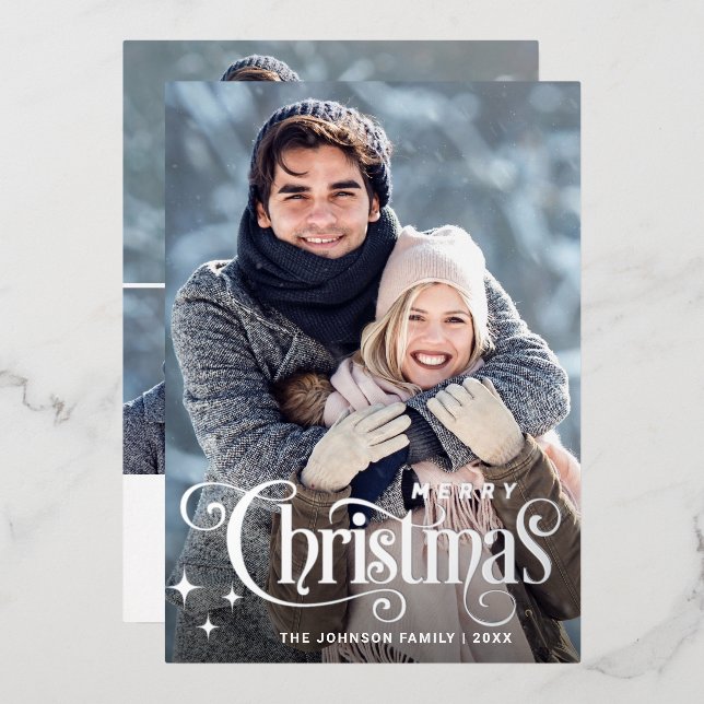 Sparkle Merry Christmas 4 PHOTO Greeting Silver Foil Holiday Card (Front/Back)