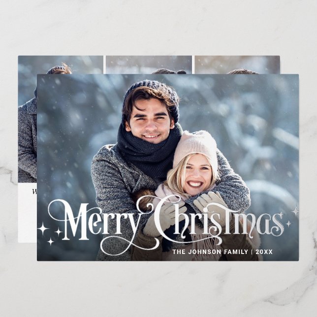 Sparkle Merry Christmas 4 PHOTO Greeting Silver Foil Holiday Card (Front/Back)