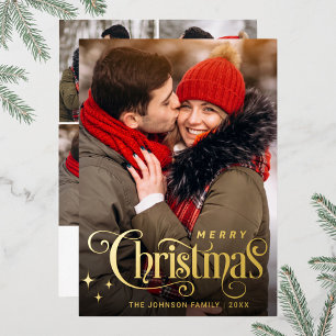 Sparkle Merry Christmas 5 PHOTO Greeting Gold Foil Holiday Card