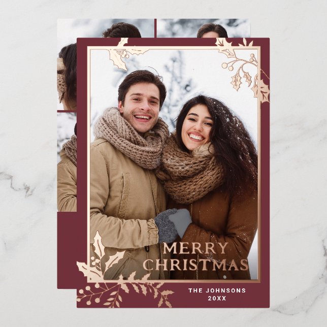 Sparkle Merry Christmas 5 PHOTO Greeting Rose Gold Foil Holiday Card (Front/Back)