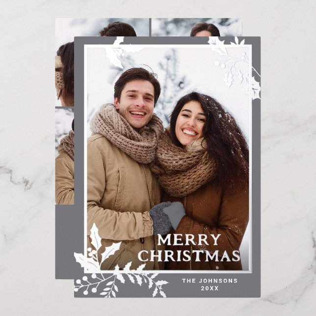 Sparkle Merry Christmas 5 PHOTO Greeting Silver Foil Holiday Card (Front/Back)