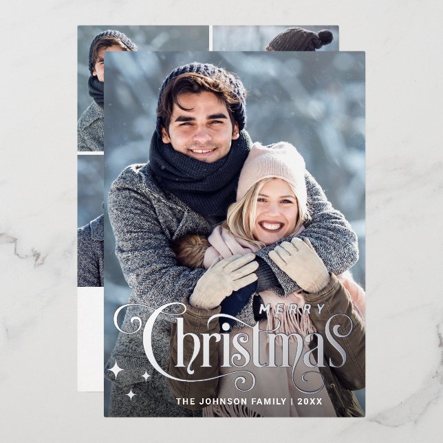 Sparkle Merry Christmas 5 PHOTO Greeting Silver Foil Holiday Card (Front/Back)