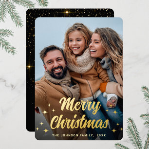Sparkle Merry Christmas PHOTO Greeting Gold Foil Holiday Card