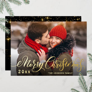 Sparkle Merry Christmas PHOTO Greeting Gold Foil Holiday Card