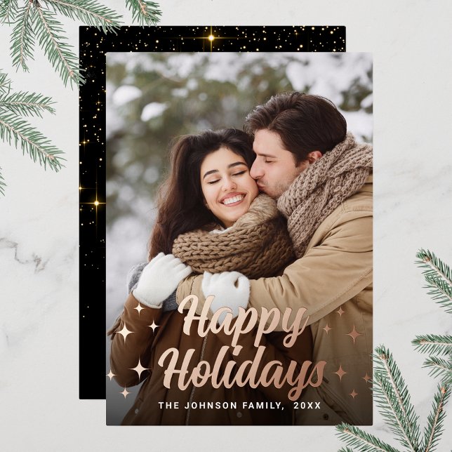 Sparkle Merry Christmas PHOTO Greeting Rose Gold Foil Holiday Card (Customizable Christmas holiday greeting photo card with real foil print.)