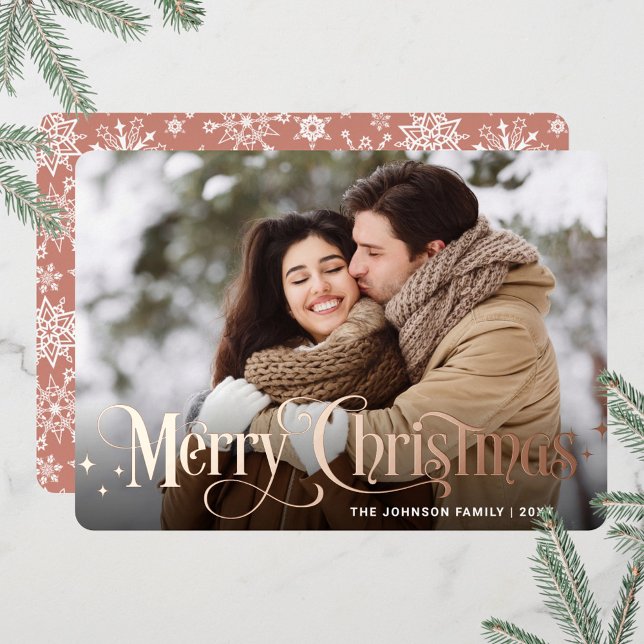 Sparkle Merry Christmas PHOTO Greeting Rose Gold Foil Holiday Card (Creator Uploaded)