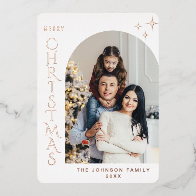 Sparkle Modern Christmas PHOTO Greeting Rose Gold Foil Holiday Card (Front)