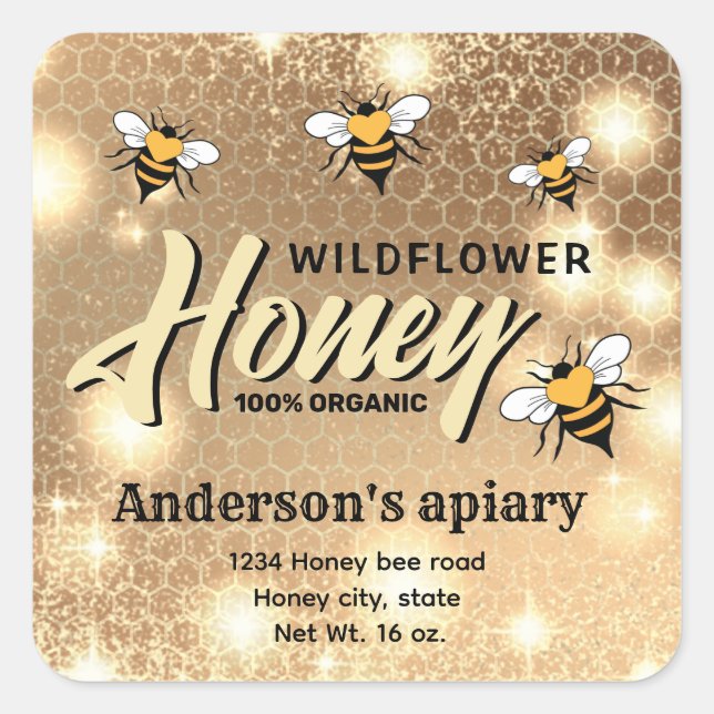 Sparkle modern elegant  honey bees honey jar label (Front)
