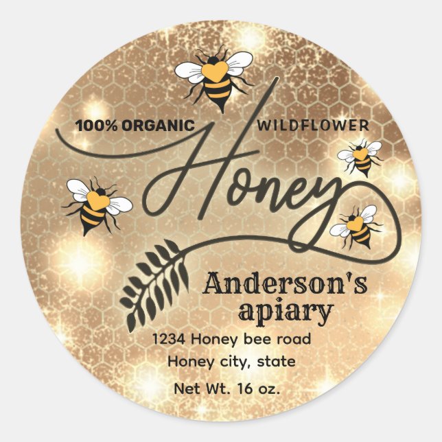 Sparkle modern elegant  honey bees honey jar label (Front)