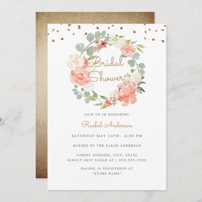 Sparkle Peach Gold Wreath Bridal Shower Invitation (Front/Back)